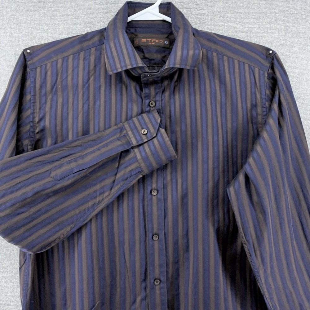 ETRO Milano Shirt Men Size 42 Brown Vertical Striped Blue Long Sleeve